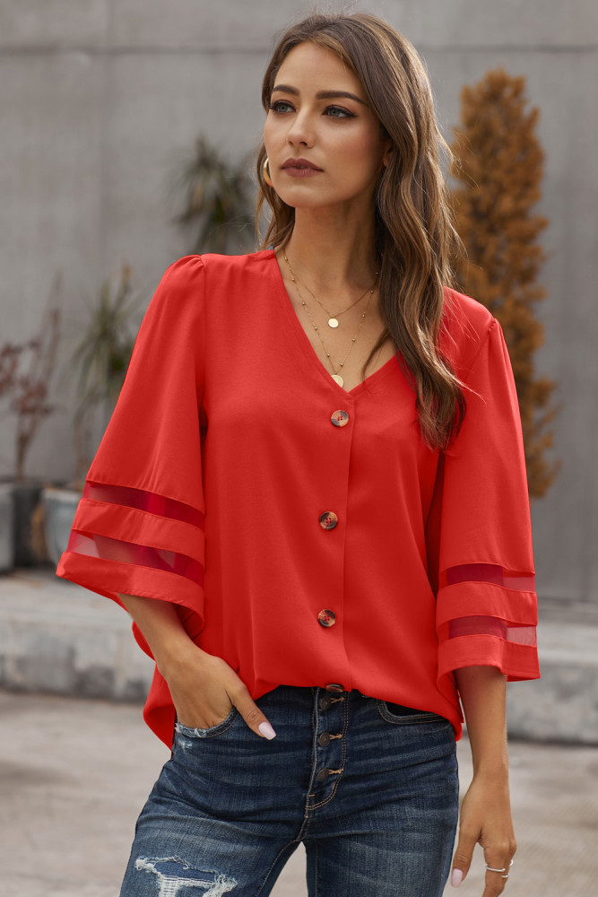 Red Flare Sleeve V Neck Button Down Blouse
