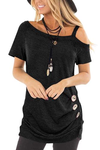 Black Sling Short Sleeve Casual Buttoned Top