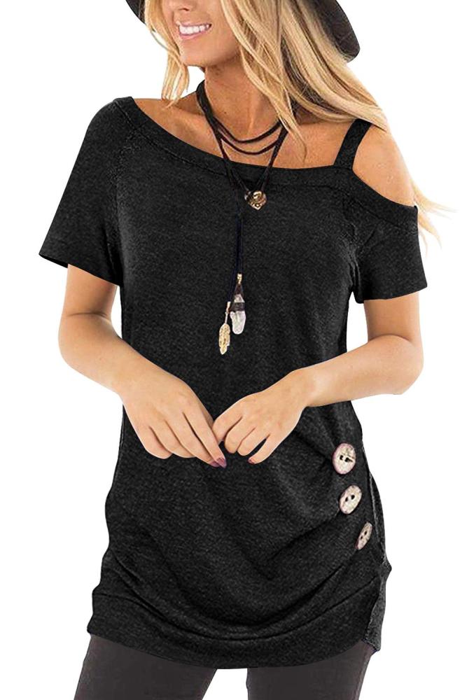 Black Sling Short Sleeve Casual Buttoned Top