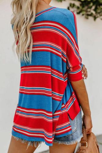 Red Blue White Color Striped Print Loose Shirt