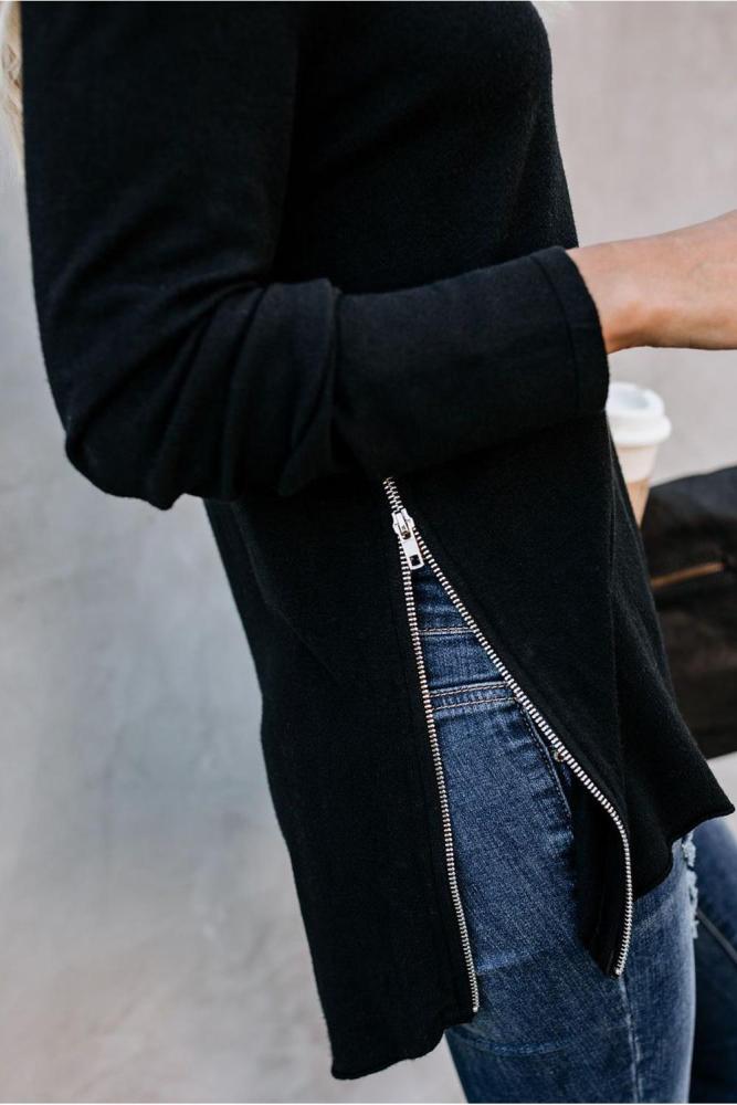 Black Zip Side V Neck Long Sleeve Pullover Top