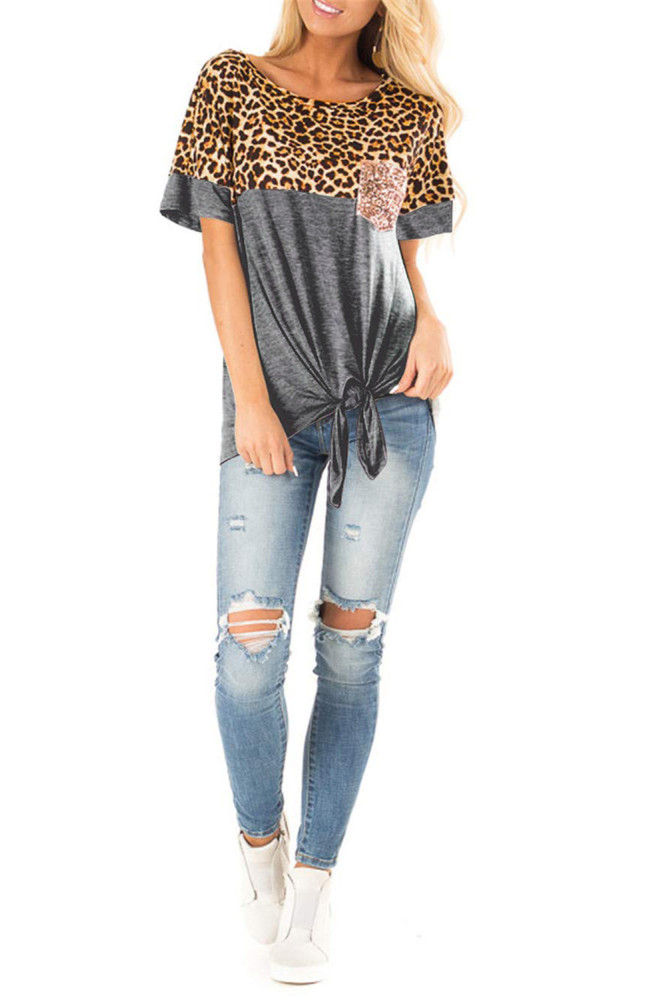 Gray Leopard Patchwork Knot Shirt