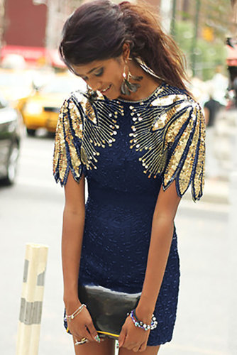 Blue Sequin Shoulder Cocktail Party Dress