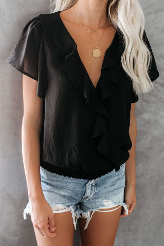 Black Powerpuff Drape Ruffle Blouse