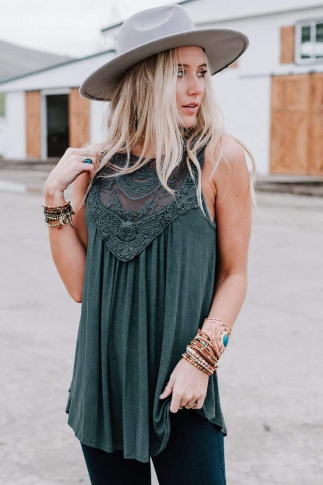 Green Lace Embroidered Sleeveless Top