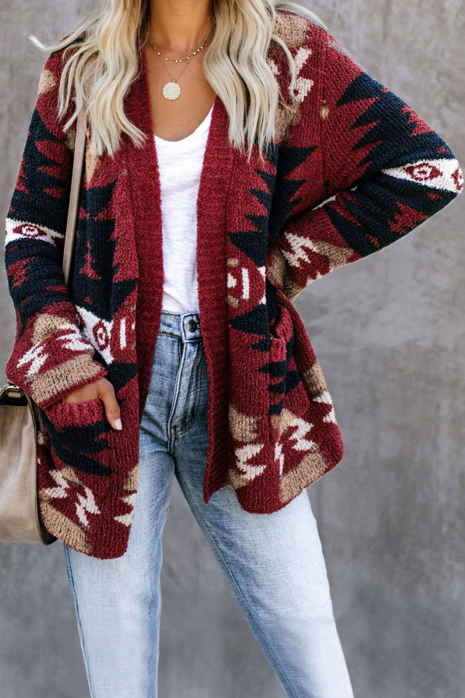 Red Moraga Pocketed Aztec Cardigan