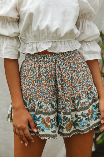 White Summer Boho Floral Print A-line Elastic Waist Shorts
