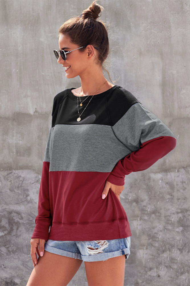 Red Raglan Sleeve Color Block Pullover Sweatshirt