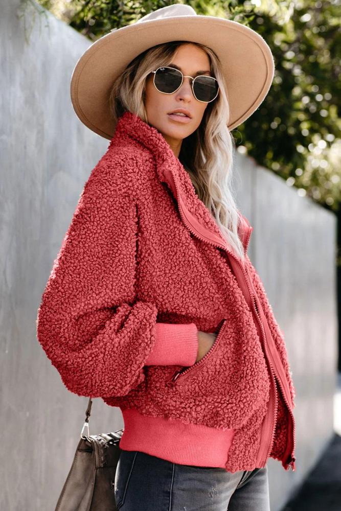 Red Cool For The Winter Pocketed Teddy Jacket