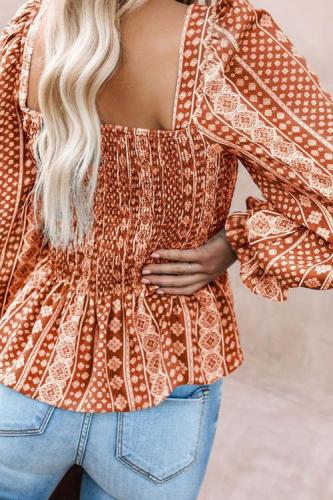 Red Bohemian Print Shirred Bodice Tunic Top