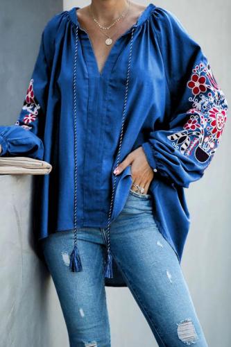 Blue Relaxing Fit Embroidered Peasant Top