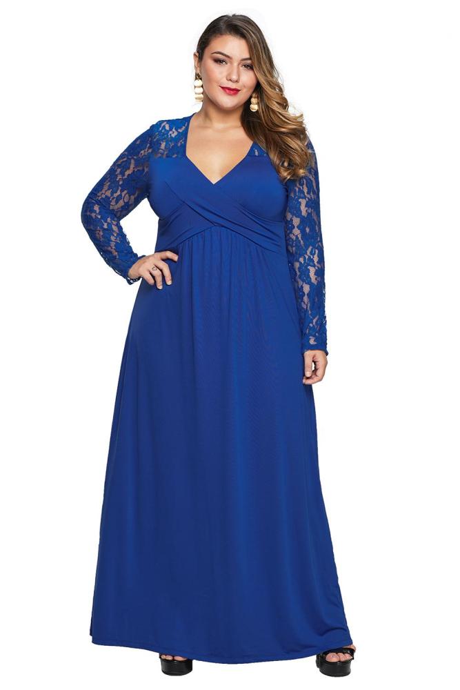 Blue Lace Sleeve Cross Wrap Bust Ruched Back Plus Size Dress