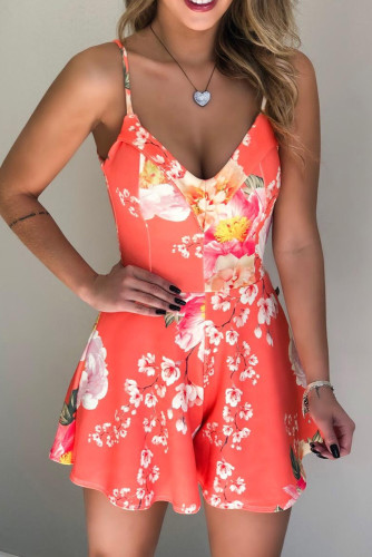 Red Floral Print Spaghetti Straps Playsuit