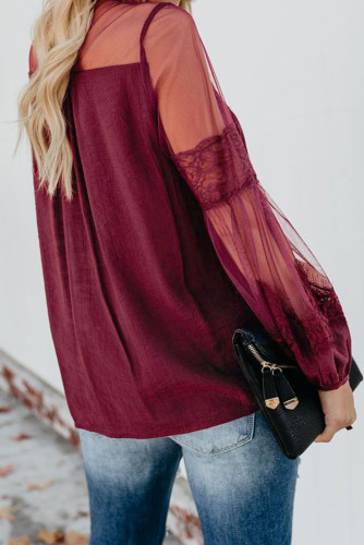 Red Fashion Lantern-Sleeve Lace Patchwork Top
