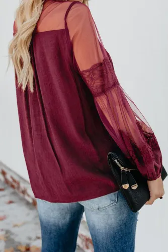 Red Fashion Lantern-Sleeve Lace Patchwork Top