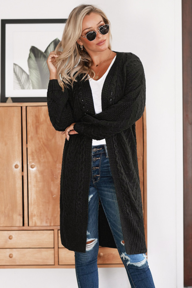 Black Long Front Open Cardigan