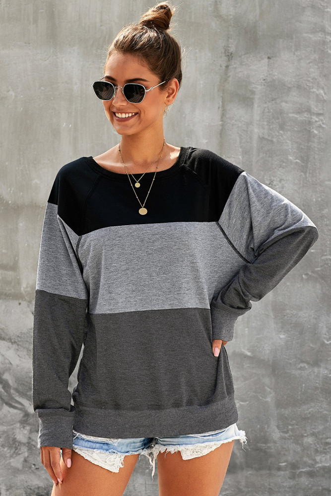 Gray Raglan Sleeve Color Block Pullover Sweatshirt
