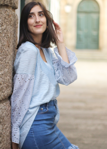 Sky Blue Rekindle Eyelet Button Down Top