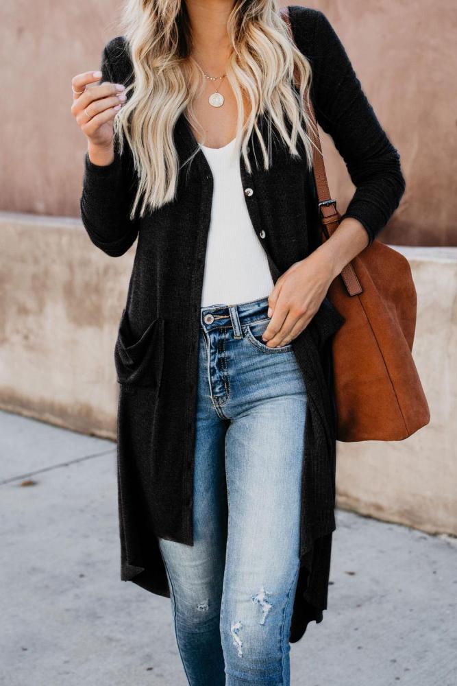 Black Selected Button Down Pocketed High Low Cardigan