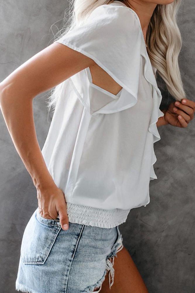 White Powerpuff Drape Ruffle Blouse
