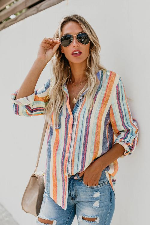 Orange Sweet Enough Striped Button Down Top