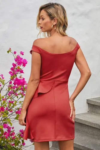 Red Embroidered Off Shoulder Neck Cascading Mini Dress