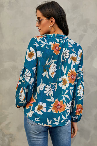 Blue Hues Of Autumn Floral Lantern Sleeve Blouse