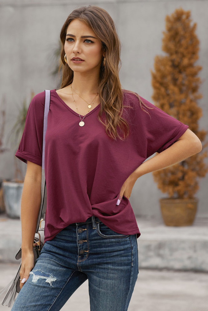 Burgundy Plain Short Sleeve Twist Tee