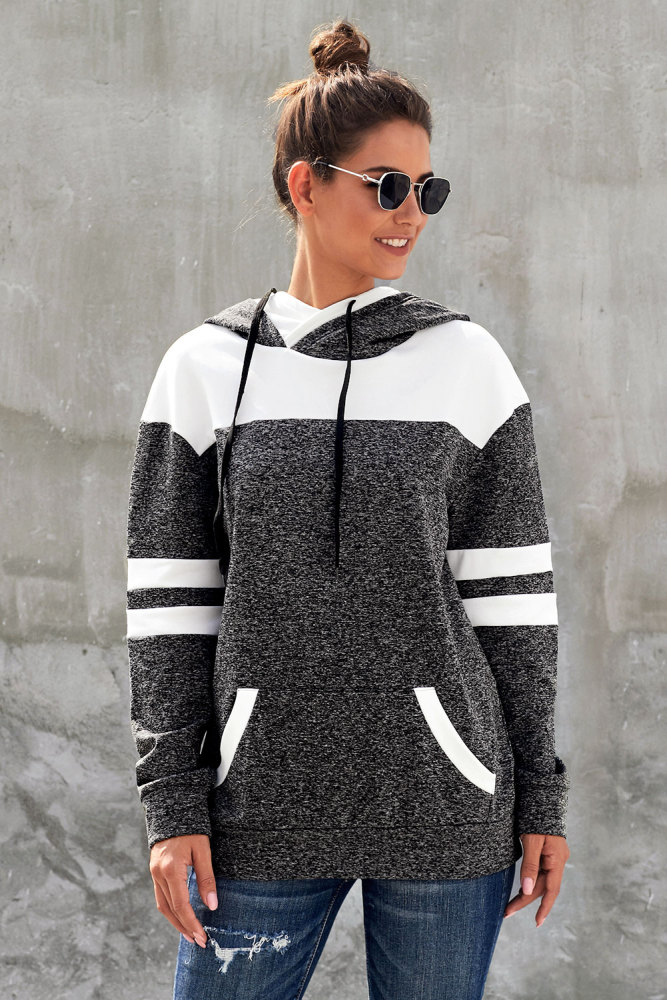 Black Color Block Pullover Hoodie with Pocket
