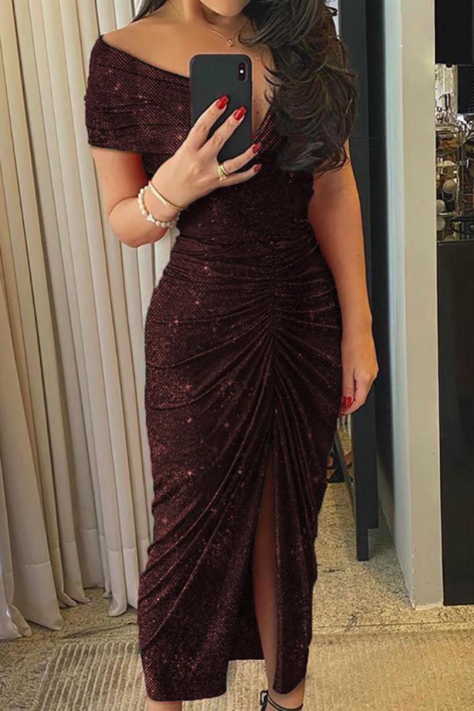 Red Glitter Off Shoulder Ruched Slit Party Dress