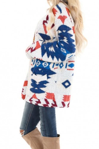 White Moraga Pocketed Aztec Cardigan