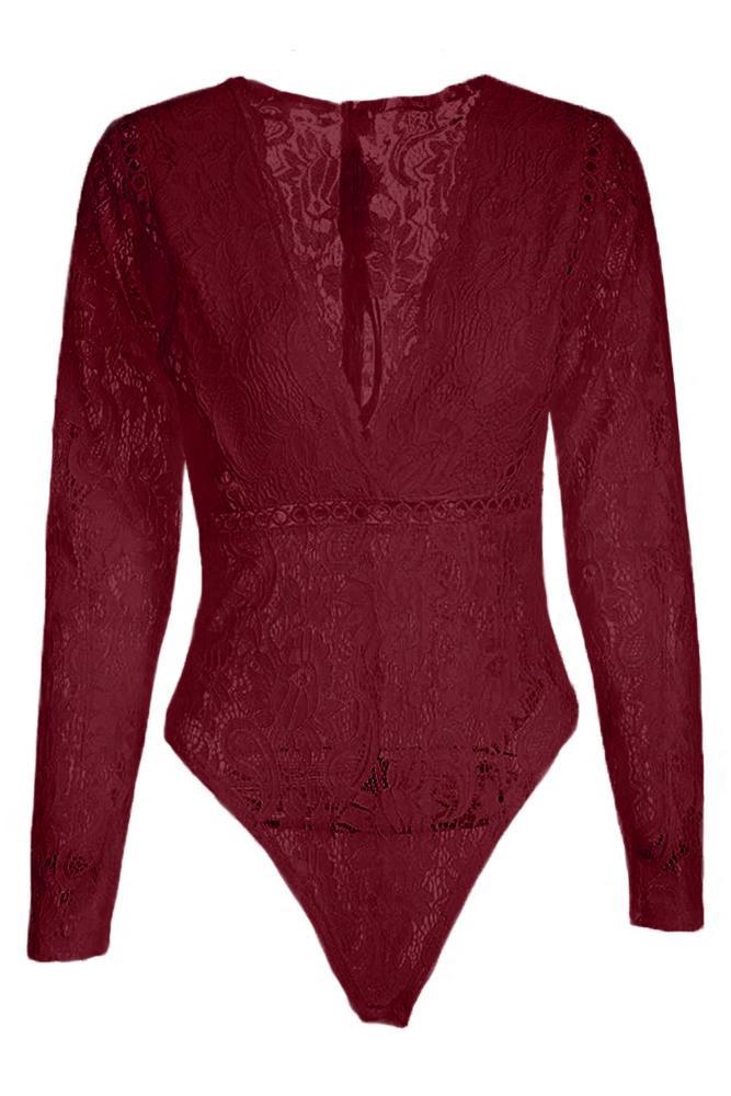 Red Deep V-Neck See Through Skinny Lace Bodysuit