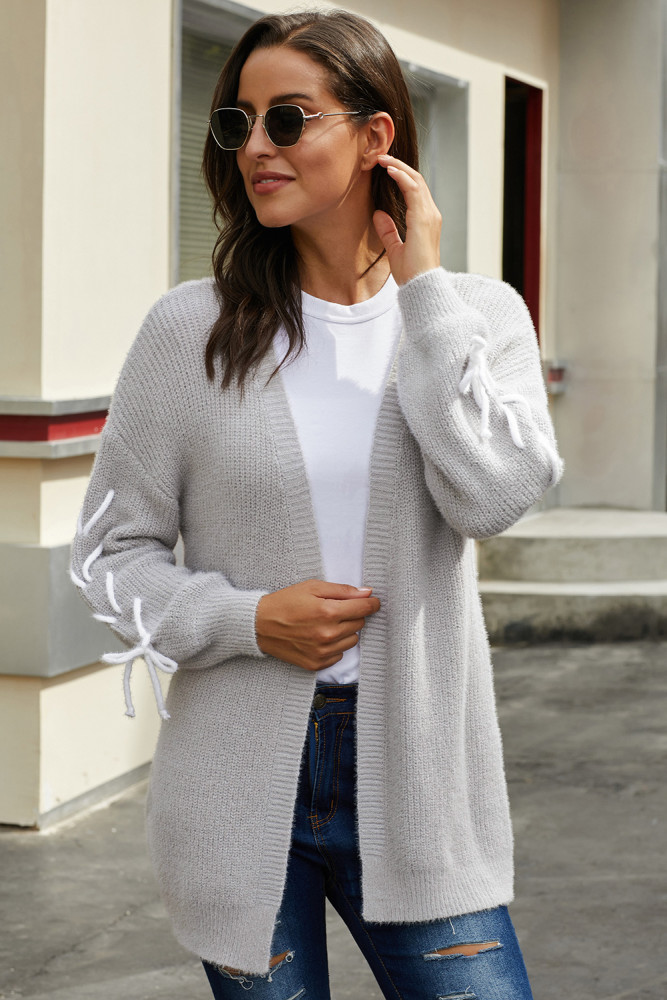 Gray Soft Long Sleeve Cardigan with Stitch Detail