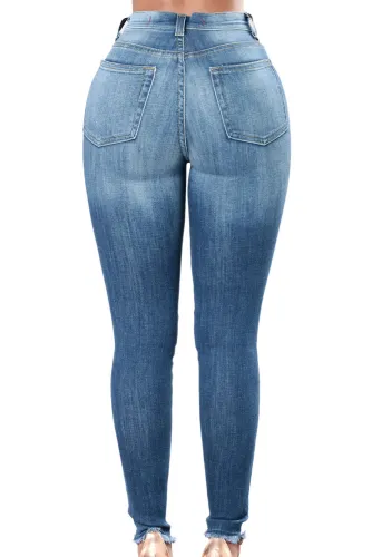 Rose Embroidered Knee Distress Blue Skinny Jeans