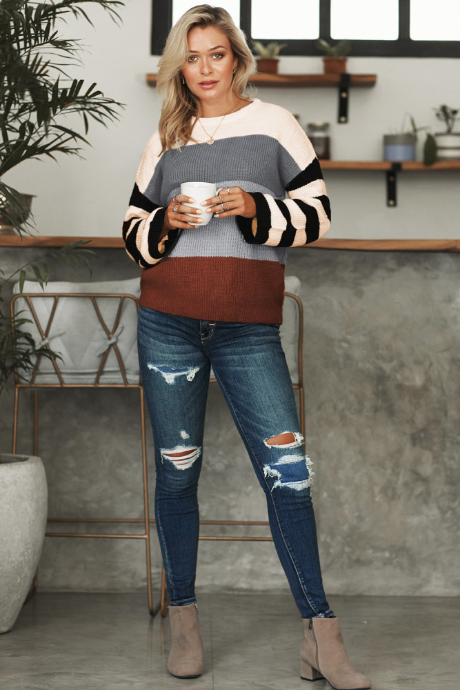 Gray Crew Neck Color Block Oversized Pullover Knit Sweater
