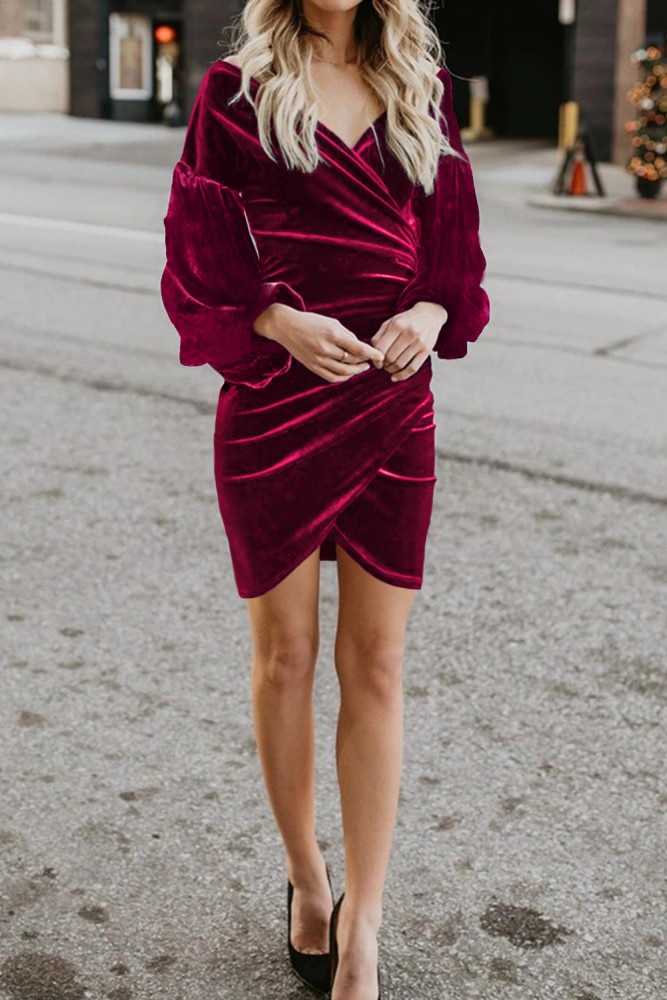 Red Puff Sleeve Off Shoulder Wrap Bodycon Velvet Dress