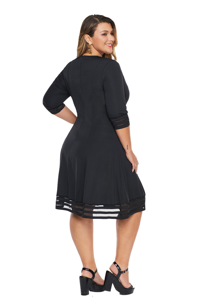 Black 3/4 Length Sleeve Gauze Patchwork Flare Plus Size Dress