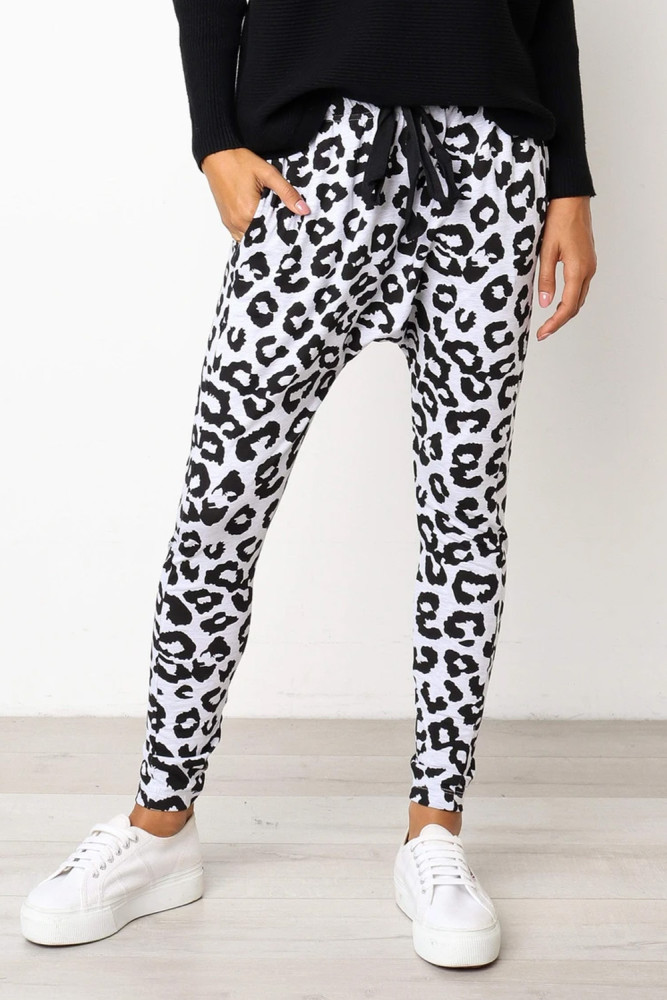 White Leopard Print Drop Crotch Casual Pants