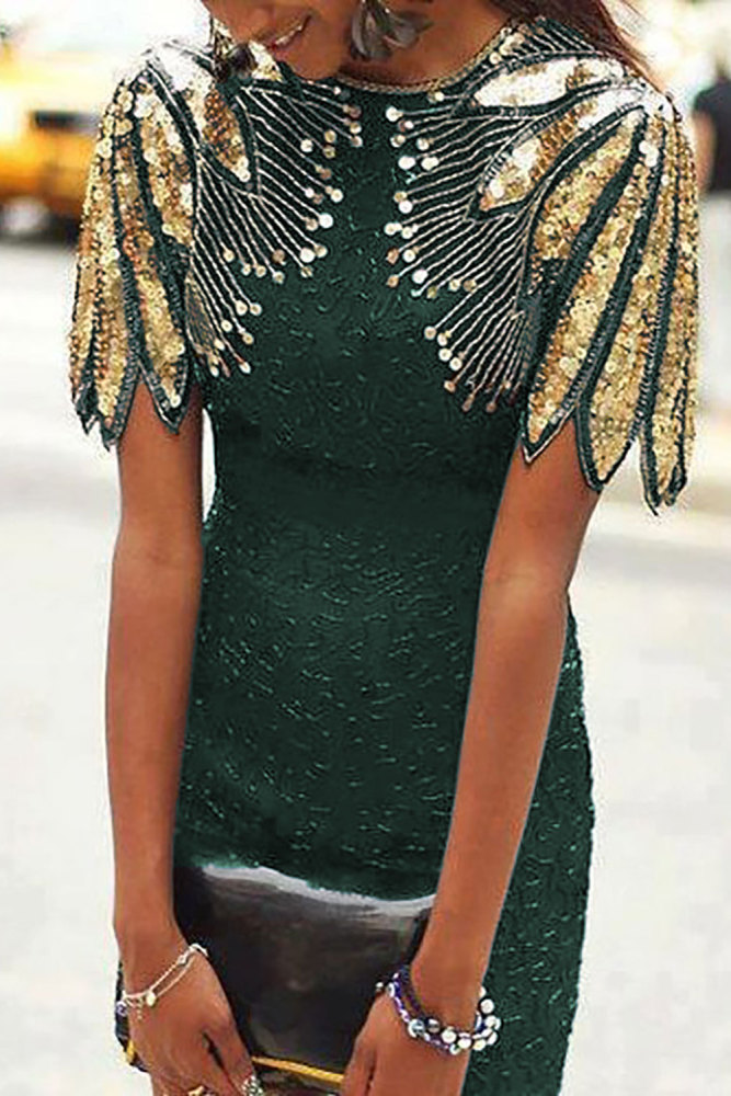 Green Sequin Shoulder Cocktail Party Dress