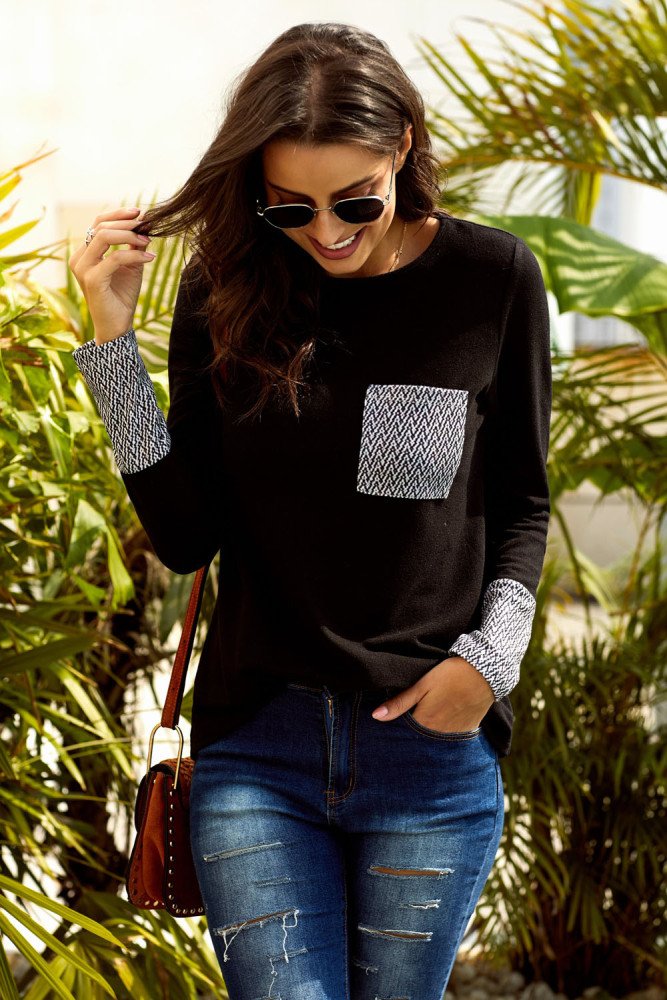Black Chevron Print Pocket and Sleeve Cuffs Top