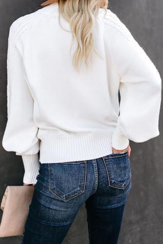 White Housewarming Cable Knit Balloon Sleeve Sweater