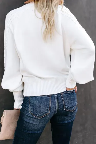 White Housewarming Cable Knit Balloon Sleeve Sweater