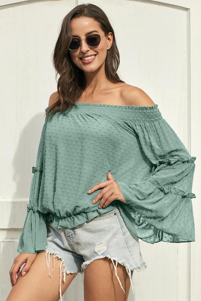 Green Swiss Dot Off The Shoulder Top