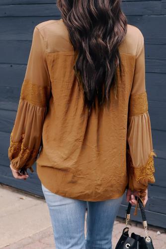 Yellow Fashion Lantern-Sleeve Lace Patchwork Top