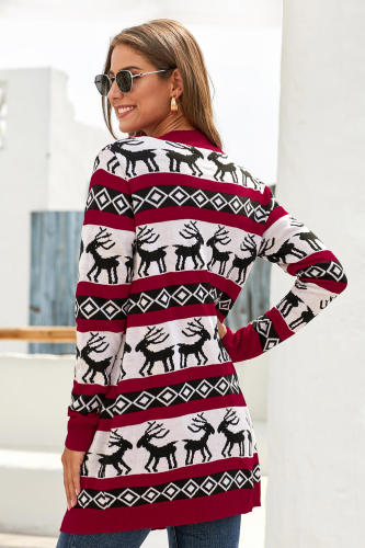 Red Elk Printed Long Sleeves Knitting Mid-length Christmas Cardigan