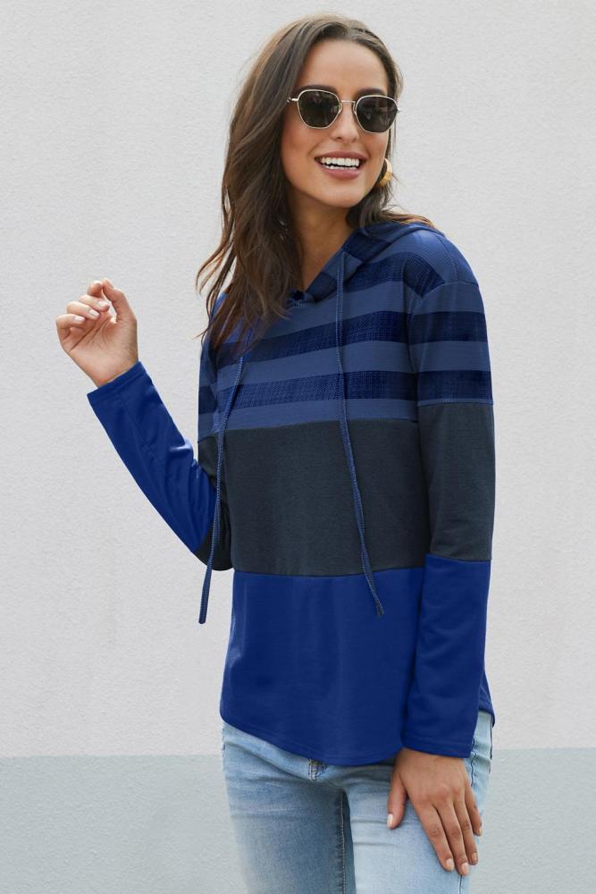 Blue Speak to Me Color Block Drawstring Hoodie