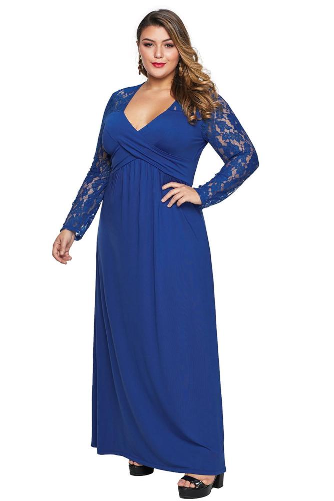 Blue Lace Sleeve Cross Wrap Bust Ruched Back Plus Size Dress