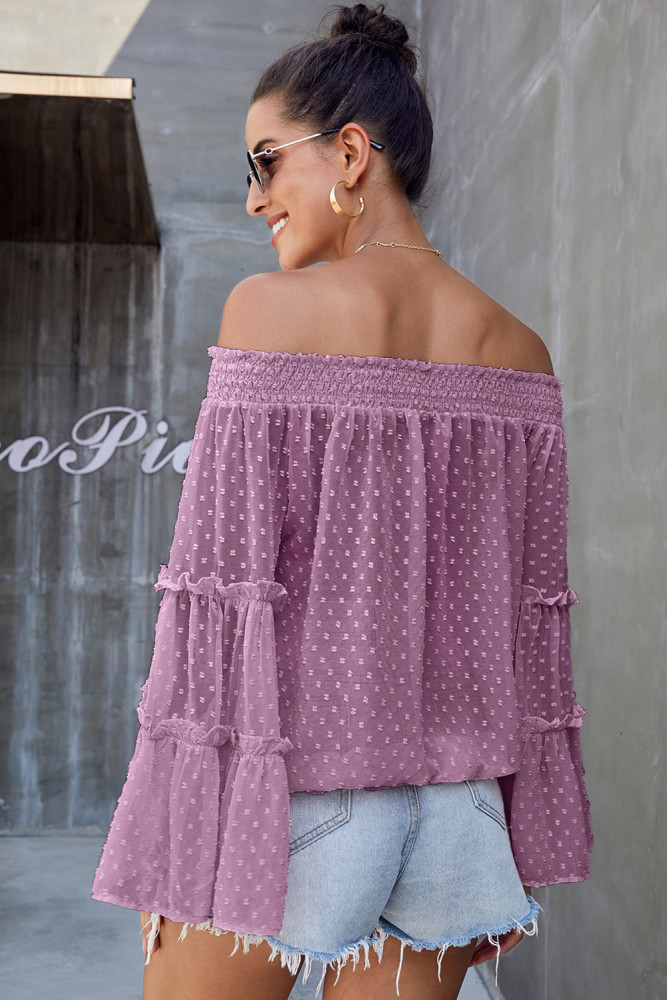 Mauve Swiss Dot Off The Shoulder Top