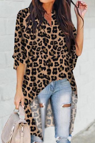 Brown V-Collar Irregular Leopard Print Blouse