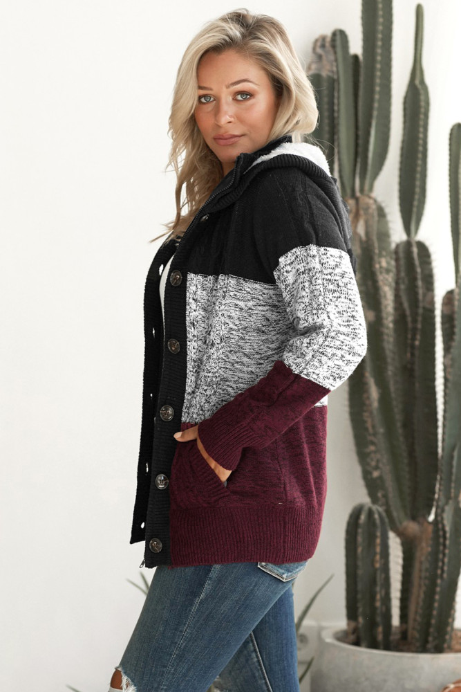Black Hooded Button Cable Knit Cardigan